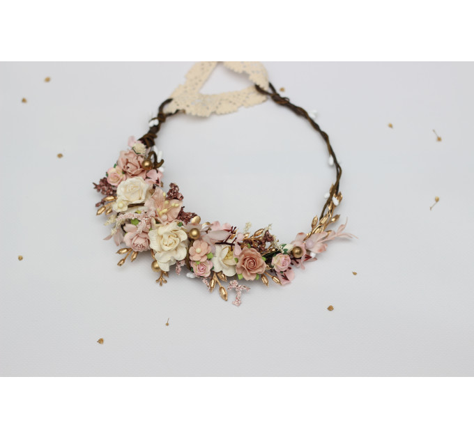Blush Pink, Cream & Gold Flower Crown – Vintage Boho Wedding Hair Wreath