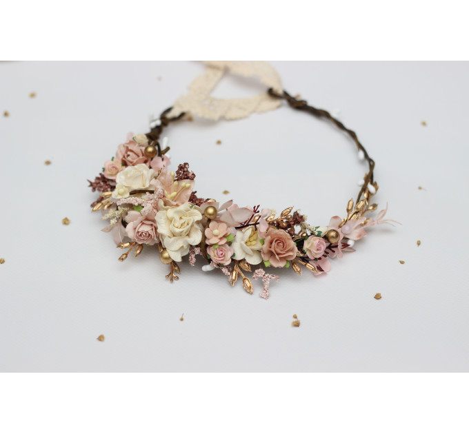 Blush Pink, Cream & Gold Flower Crown – Vintage Boho Wedding Hair Wreath