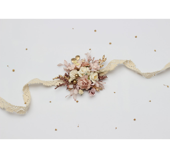 Blush Pink, Cream & Gold Wrist Corsage – Vintage Boho Floral Bracelet