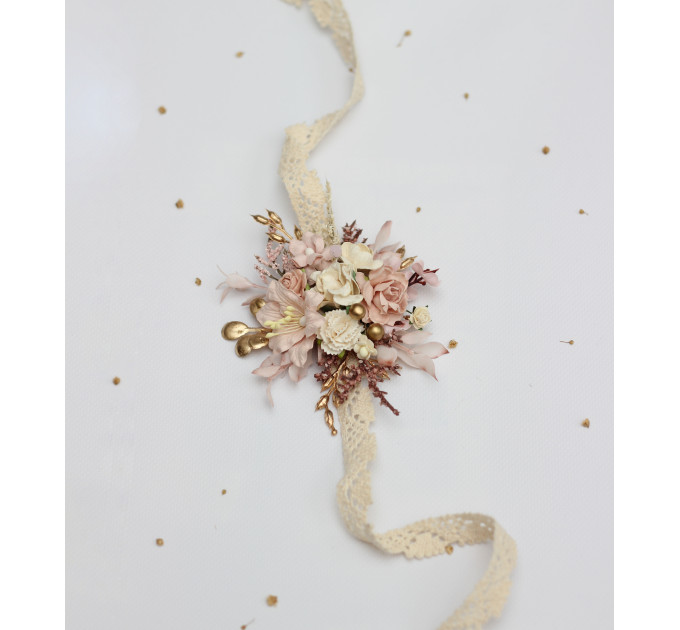 Blush Pink, Cream & Gold Wrist Corsage – Vintage Boho Floral Bracelet