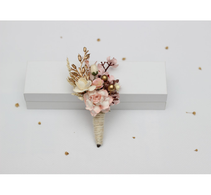 Blush Pink, Cream & Gold Wedding Boutonnieres – Vintage Boho Floral Accessories