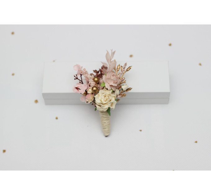 Blush Pink, Cream & Gold Wedding Boutonnieres – Vintage Boho Floral Accessories