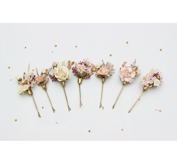 Blush Pink, Cream & Gold Hair Pins – Set of 7 Vintage Boho Wedding Accessories
