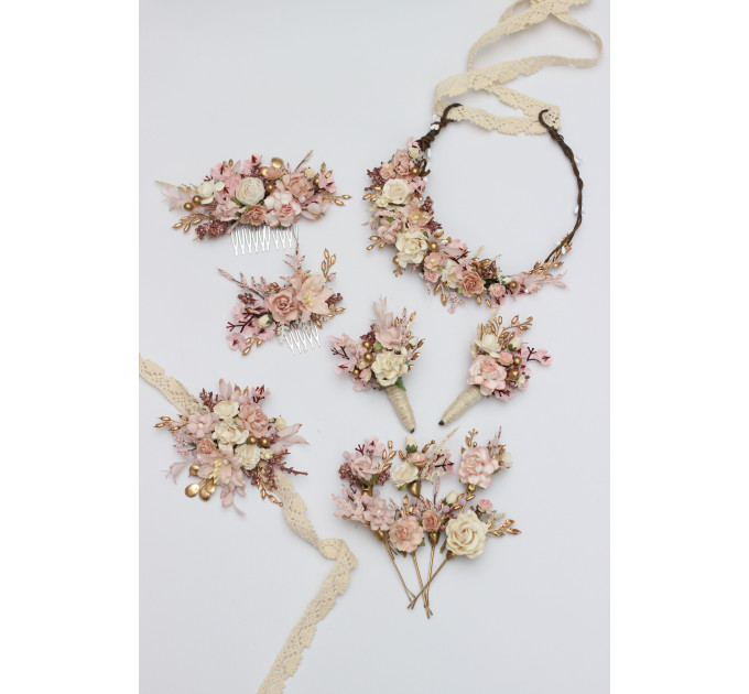 Blush Pink, Cream & Gold Wedding Boutonnieres – Vintage Boho Floral Accessories