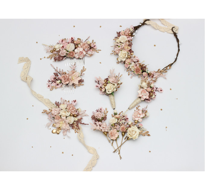 Blush Pink, Cream & Gold Wrist Corsage – Vintage Boho Floral Bracelet