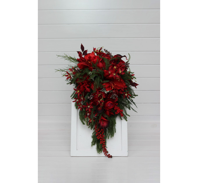 Winter Cascading Bridal Bouquet – Red Flowers & Pine Branches Faux Arrangement