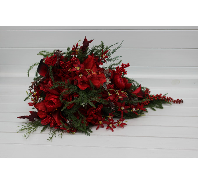 Winter Cascading Bridal Bouquet – Red Flowers & Pine Branches Faux Arrangement