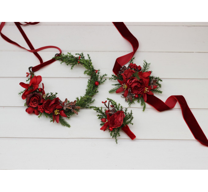 Winter Pine Flower Crown – Red & Green Christmas Hair Wreath