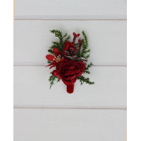  Winter wedding boutonniere in red and green color scheme. Men flower accessories. Christmas flowers. 5438