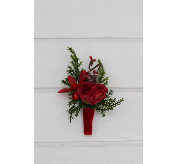 Red & Green Winter Wedding Boutonniere – Christmas Faux Floral Accessory