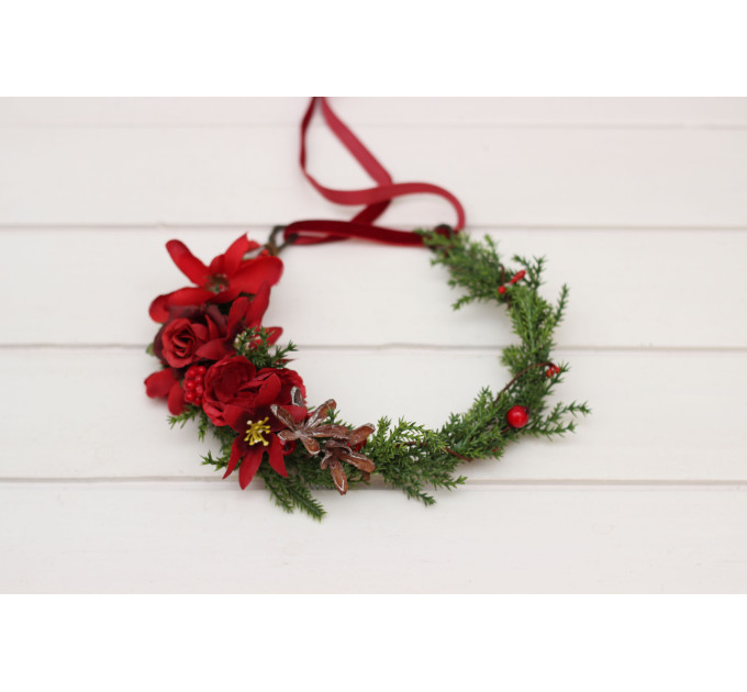 Winter Pine Flower Crown – Red & Green Christmas Hair Wreath