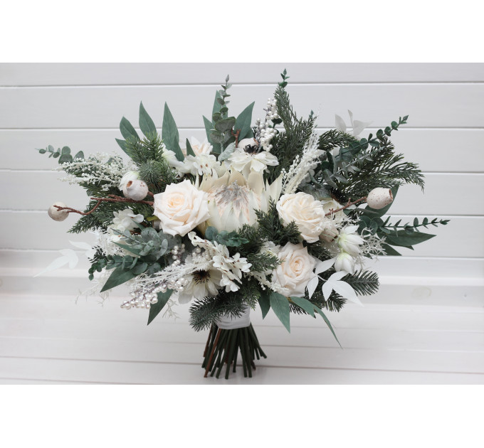 Winter Protea Bridal Bouquet – White & Sage Green Faux Wedding Flowers