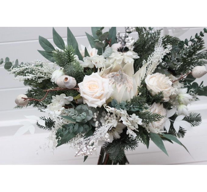 Winter Protea Bridal Bouquet – White & Sage Green Faux Wedding Flowers