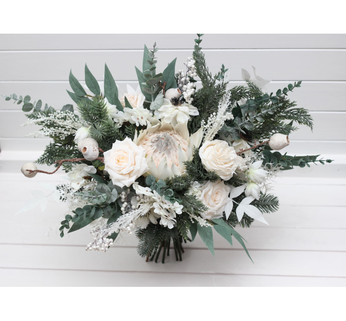 Winter Protea Bridal Bouquet – White & Sage Green Faux Wedding Flowers