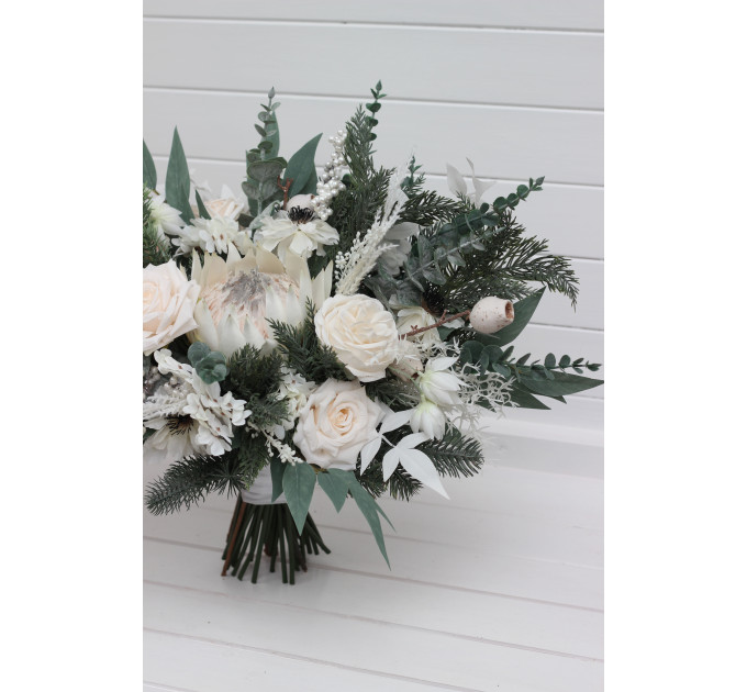Winter Protea Bridal Bouquet – White & Sage Green Faux Wedding Flowers