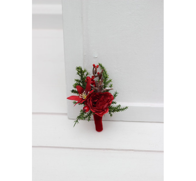 Red & Green Winter Wedding Boutonniere – Christmas Faux Floral Accessory
