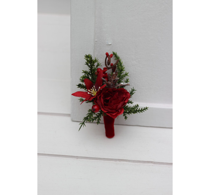 Red & Green Winter Wedding Boutonniere – Christmas Faux Floral Accessory