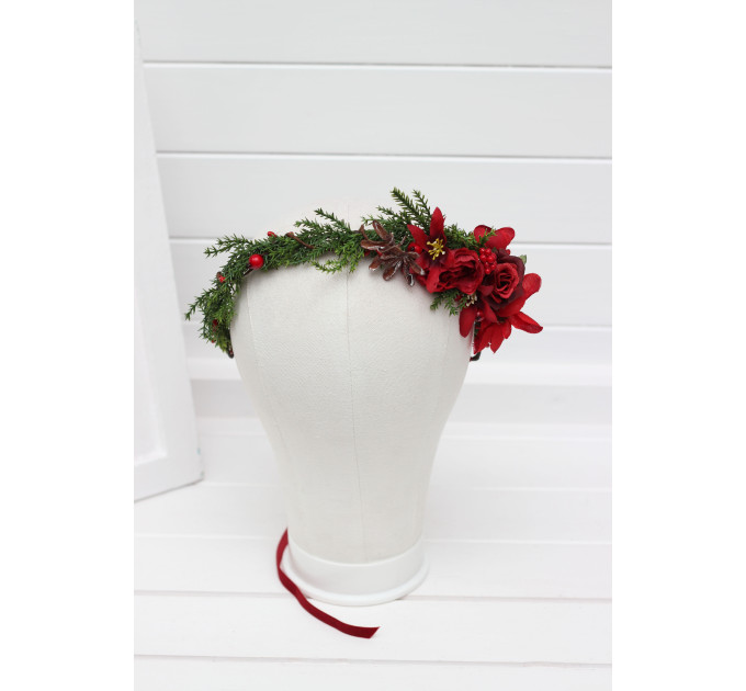 Winter Pine Flower Crown – Red & Green Christmas Hair Wreath