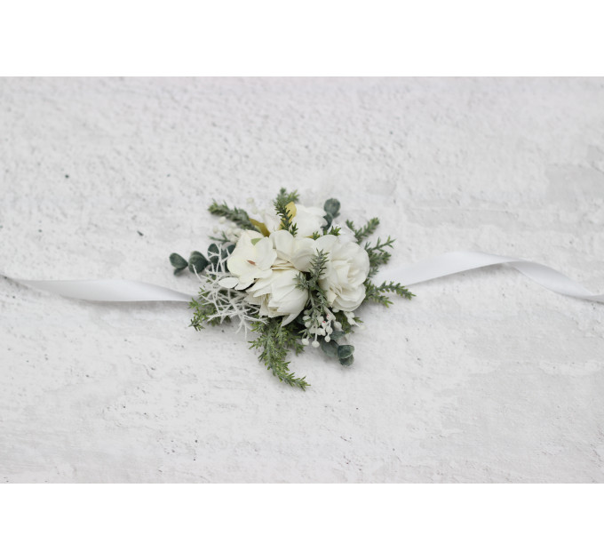 White Winter Wedding Corsage – Elegant Faux Floral Bracelet