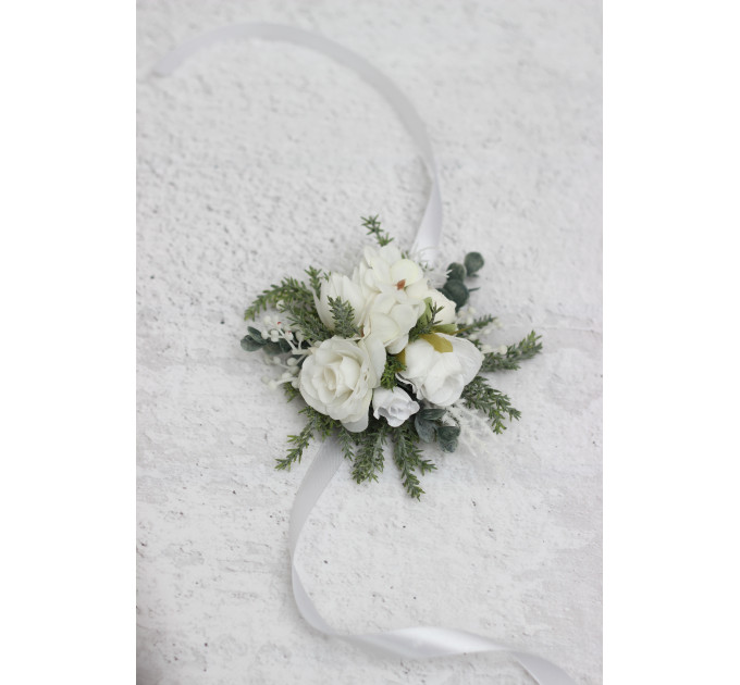 White Winter Wedding Corsage – Elegant Faux Floral Bracelet