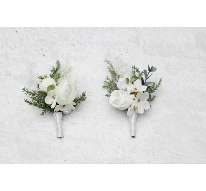 White Winter Wedding Boutonnieres – Elegant Faux Floral Accessories