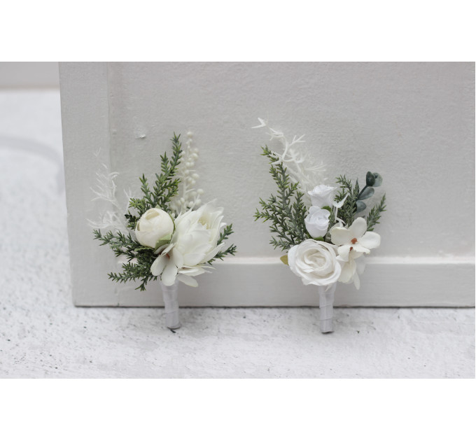 White Winter Wedding Boutonnieres – Elegant Faux Floral Accessories