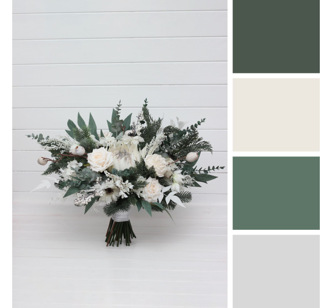 Winter Protea Bridal Bouquet – White & Sage Green Faux Wedding Flowers
