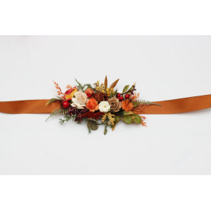 Rust brown red orange ivory belt with berries. Wedding floral sash.  5437