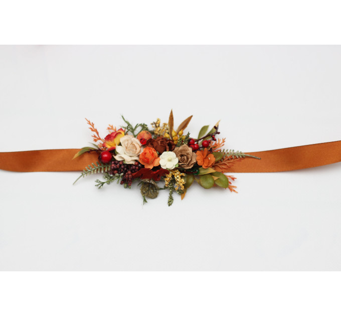 Rust, Brown, Red & Ivory Flower Belt with Berries – Fall Wedding Floral Sash