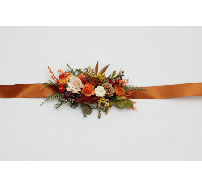 Rust, Brown, Red & Ivory Flower Belt with Berries – Fall Wedding Floral Sash