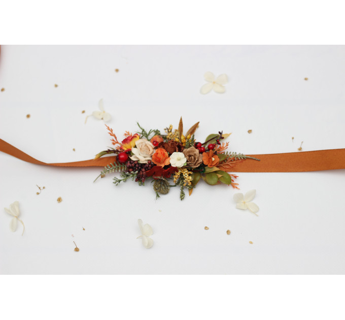 Rust, Brown, Red & Ivory Flower Belt with Berries – Fall Wedding Floral Sash