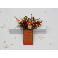 Rust brown red orange ivory pocket boutonniere with berries. Square flowers. 5437