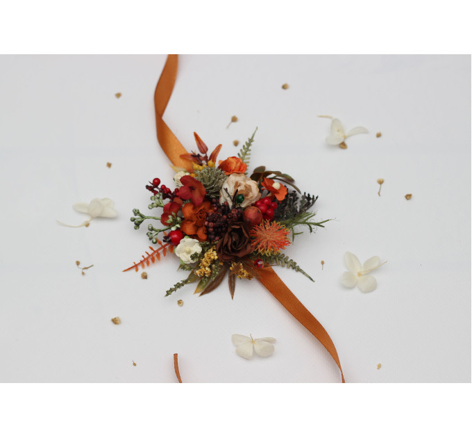 Rust, Brown, Red & Ivory Wrist Corsage with Berries – Fall Wedding Floral Bracelet