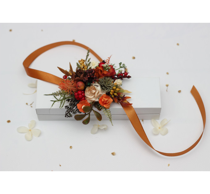 Rust, Brown, Red & Ivory Wrist Corsage with Berries – Fall Wedding Floral Bracelet