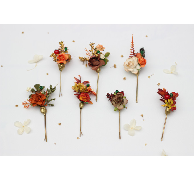 Rust, Brown, Red & Ivory Hair Pins with Berries – Set of 7 Faux Floral Wedding Accessories