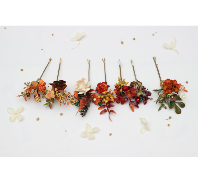 Rust, Brown, Red & Ivory Hair Pins with Berries – Set of 7 Faux Floral Wedding Accessories