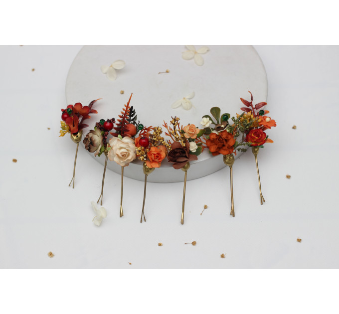 Rust, Brown, Red & Ivory Hair Pins with Berries – Set of 7 Faux Floral Wedding Accessories