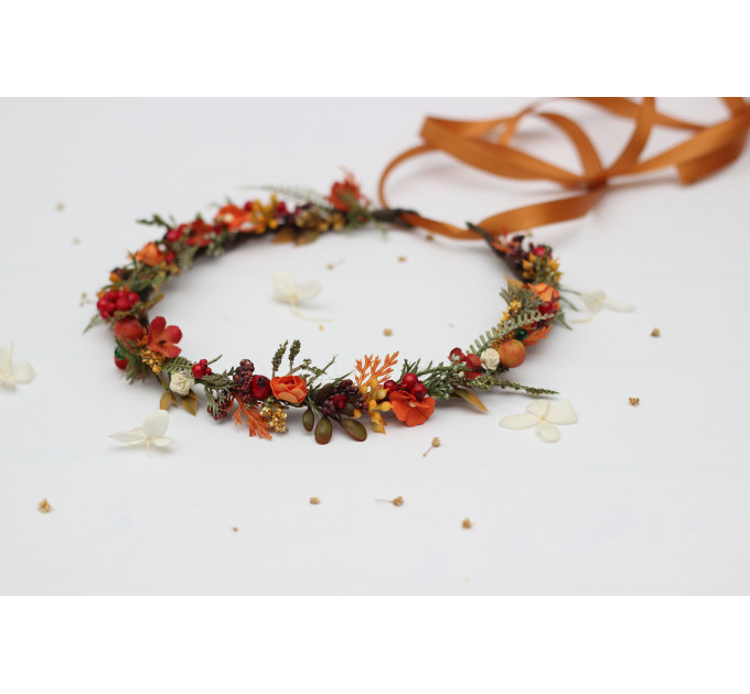 Rust, Brown, Red & Ivory Flower Crown with Berries – Autumn Wedding Hair Wreath