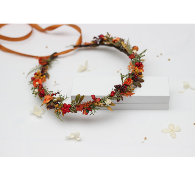 Rust, Brown, Red & Ivory Flower Crown with Berries – Autumn Wedding Hair Wreath