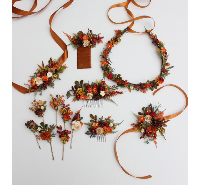 Rust, Brown, Red & Ivory Hair Pins with Berries – Set of 7 Faux Floral Wedding Accessories