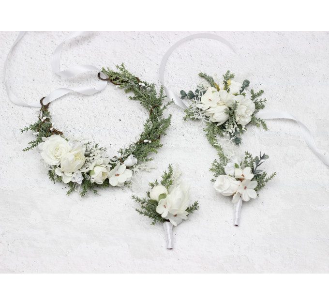 White Flower Crown – Winter Faux Floral Hair Wreath for Wedding