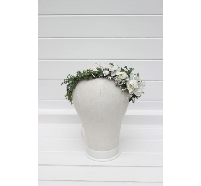 White Flower Crown – Winter Faux Floral Hair Wreath for Wedding