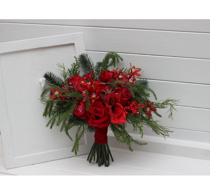 Winter Cascading Bridal Bouquet – Red Flowers & Pine Branches Faux Arrangement