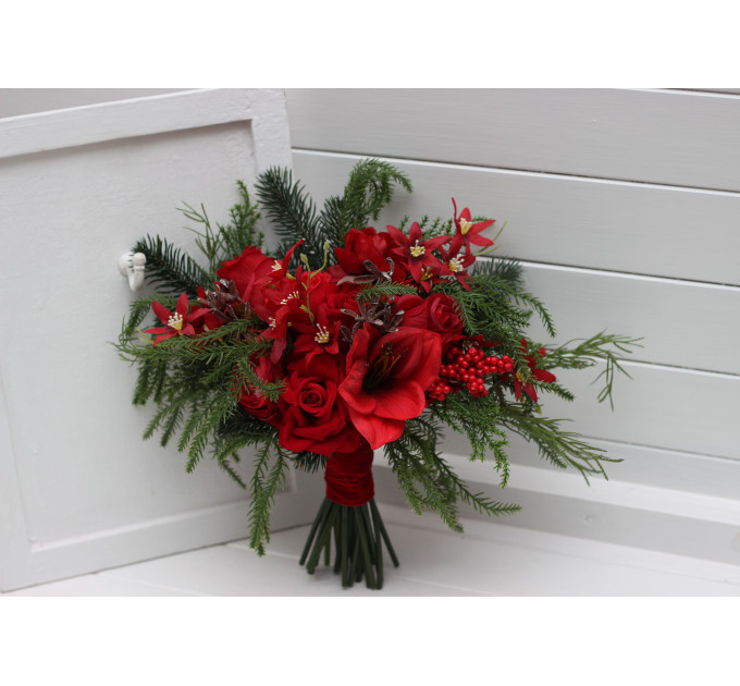 Winter Cascading Bridal Bouquet – Red Flowers & Pine Branches Faux Arrangement