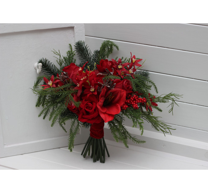 Winter Cascading Bridal Bouquet – Red Flowers & Pine Branches Faux Arrangement