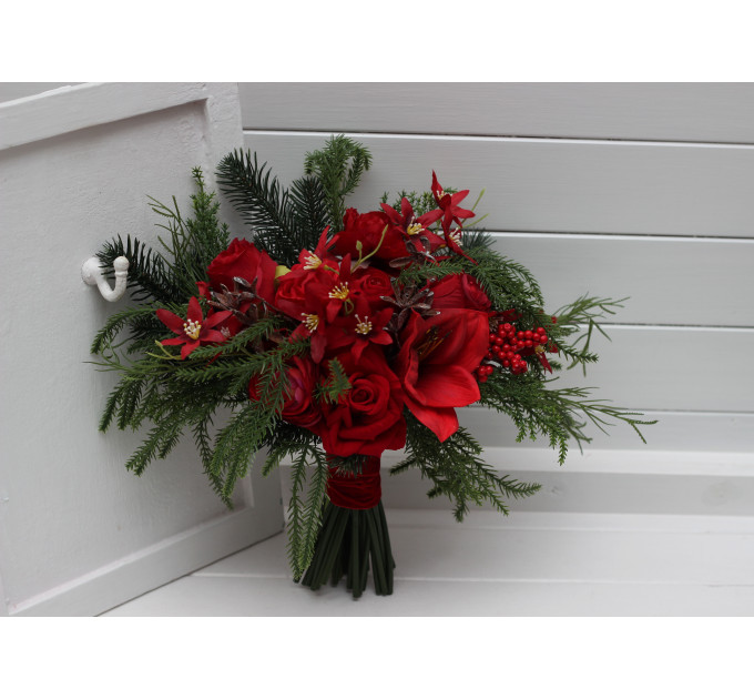Winter Cascading Bridal Bouquet – Red Flowers & Pine Branches Faux Arrangement