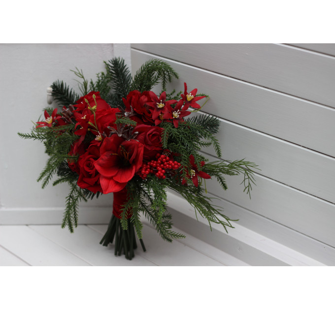Winter Cascading Bridal Bouquet – Red Flowers & Pine Branches Faux Arrangement