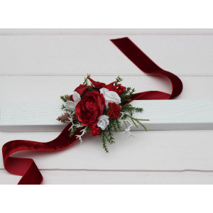 Red and white wrist corsage for a winter wedding. Mother bracelet. 5440