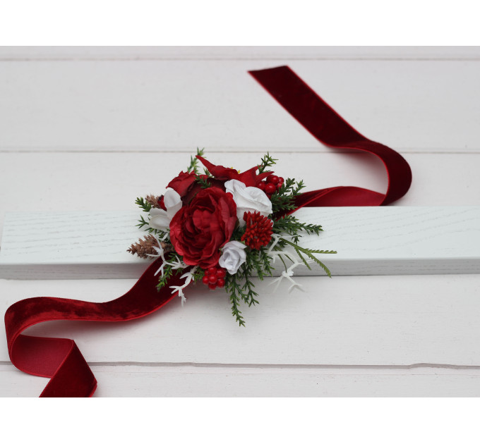 Red & White Winter Wrist Corsage – Elegant Faux Floral Bracelet