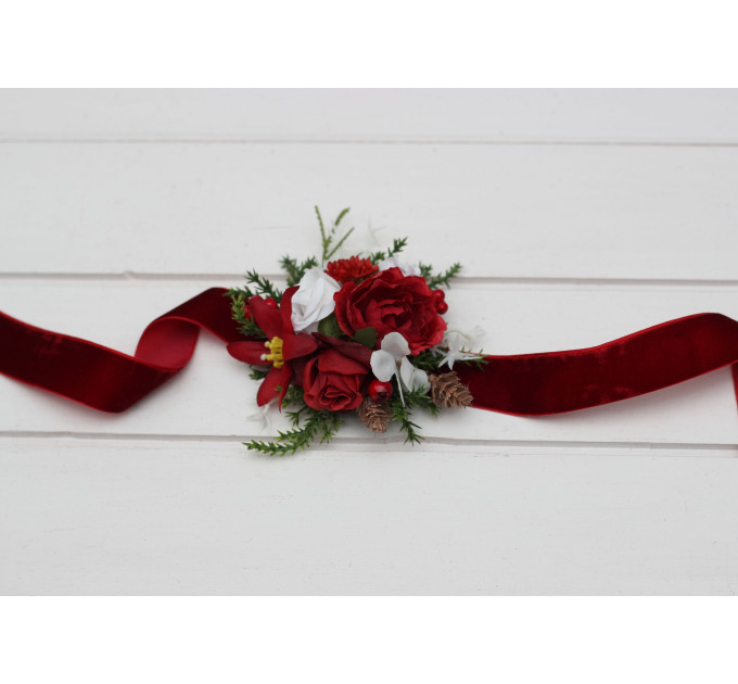 Red & White Winter Wrist Corsage – Elegant Faux Floral Bracelet